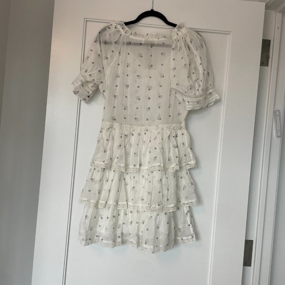 LoveShackFancy Azura Mini Dress White Deep V-neck Puff Sleeves Ruffled Skirt - Picture 12 of 13